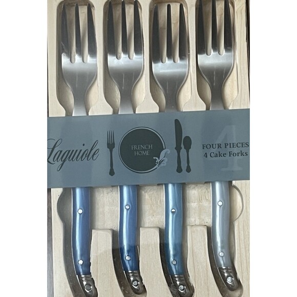Laguiole 4 Cake Forks French Home Shades of Blue Bee Stainless Steel Box Set New - Picture 3 of 4